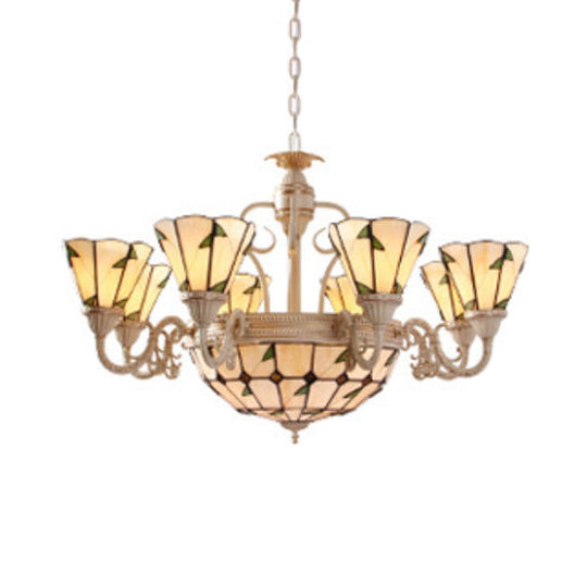 Tiffany Cone Pendant Light - 9/11 Lights Beige Stained Glass Chandelier with Leaf Pattern