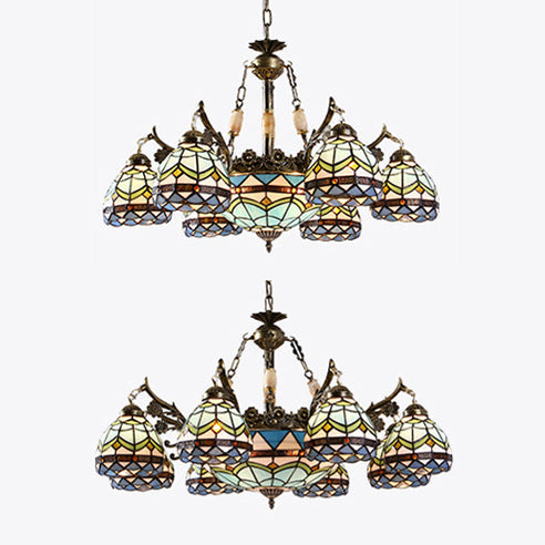 Baroque Stained Glass Pendant Chandelier - 9/11 Lights Blue Bowl-Shaped Fixture For Bedroom