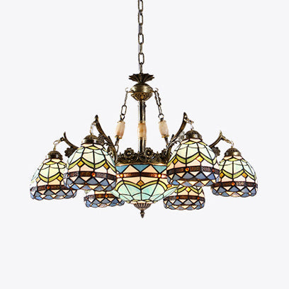 Baroque Stained Glass Pendant Chandelier - 9/11 Lights Blue Bowl-Shaped Fixture For Bedroom