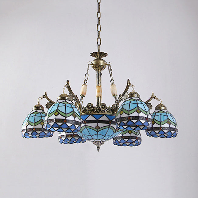 Baroque Stained Glass Pendant Chandelier - 9/11 Lights Blue Bowl-Shaped Fixture For Bedroom