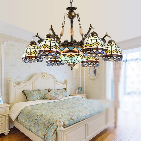 Baroque Stained Glass Pendant Light Chandelier - 9/11 Lights - Blue - Bedroom Fixture