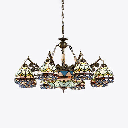 Baroque Stained Glass Pendant Chandelier - 9/11 Lights Blue Bowl-Shaped Fixture For Bedroom