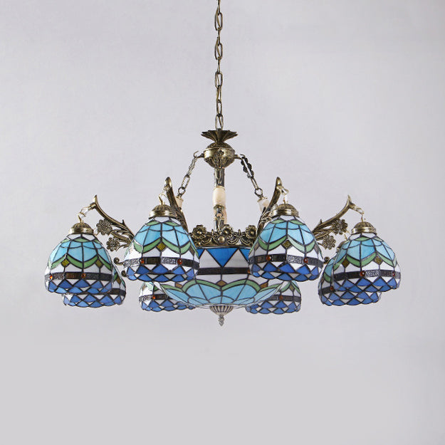 Baroque Stained Glass Pendant Chandelier - 9/11 Lights Blue Bowl-Shaped Fixture For Bedroom