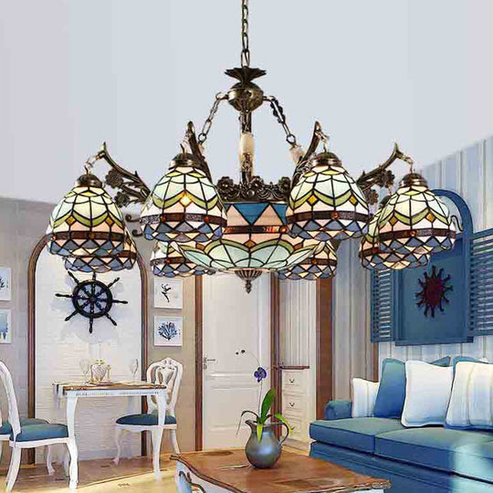 Baroque Stained Glass Pendant Light Chandelier - 9/11 Lights - Blue - Bedroom Fixture