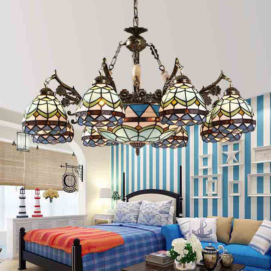 Baroque Stained Glass Pendant Chandelier - 9/11 Lights Blue Bowl-Shaped Fixture For Bedroom