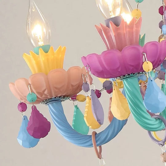 Child Bedroom Multi-Color Chandelier With 6 Crystal Glass Candle Pendant Lights