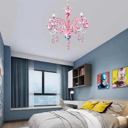 Charming Pink Bell Pendant Light With Crystal & Cute Cartoon Metal For Girls Bedroom