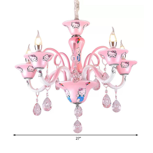 Charming Pink Bell Pendant Light With Crystal & Cute Cartoon Metal For Girls Bedroom