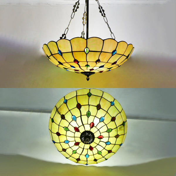 Beige Glass Bowl Pendant Light - Tiffany Chandelier with Colorful Bead - Multiple Sizes for Corridor Lighting