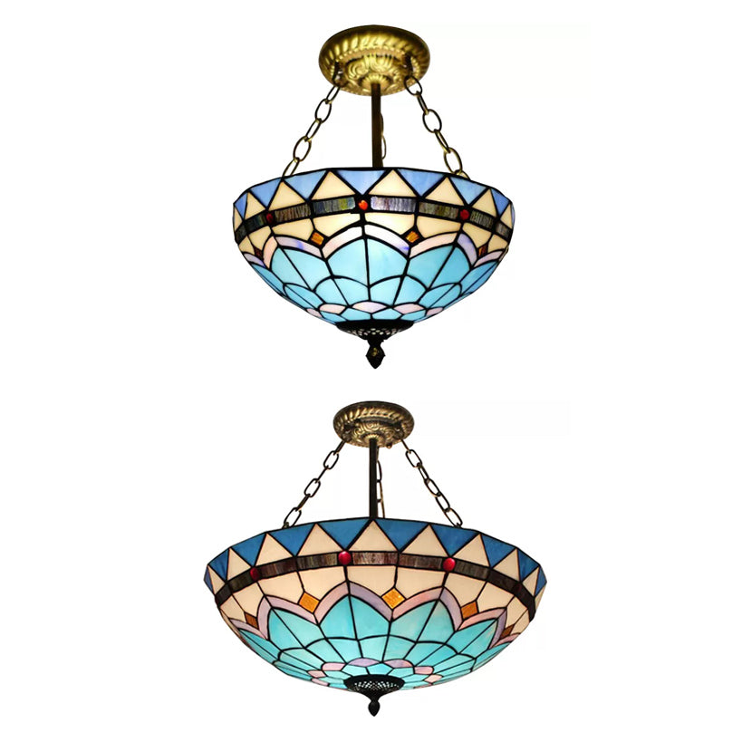 Scalloped Edge Baroque Style Glass Bowl Chandelier Light in Blue/Sky Blue, 12"/16"/19.5"/23.5" W, Brass Hanging Light