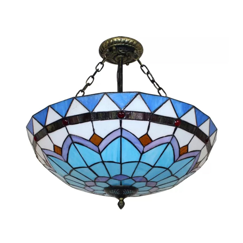 Scalloped Edge Baroque Style Glass Bowl Chandelier Light in Blue/Sky Blue, 12"/16"/19.5"/23.5" W, Brass Hanging Light