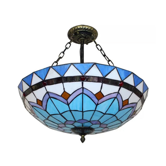 Scalloped Edge Baroque Style Glass Bowl Chandelier Light in Blue/Sky Blue, 12"/16"/19.5"/23.5" W, Brass Hanging Light