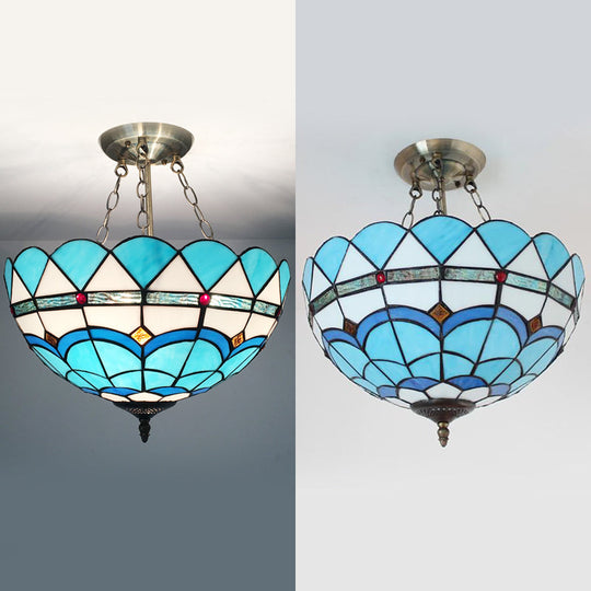 Scalloped Edge Baroque Style Glass Bowl Chandelier Light in Blue/Sky Blue, 12"/16"/19.5"/23.5" W, Brass Hanging Light