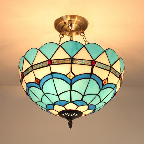 Scalloped Edge Baroque Style Glass Bowl Chandelier Light in Blue/Sky Blue, 12"/16"/19.5"/23.5" W, Brass Hanging Light