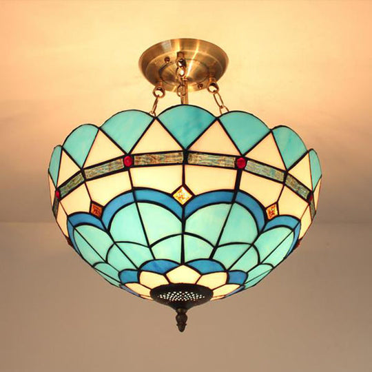 Scalloped Edge Baroque Style Glass Bowl Chandelier Light in Blue/Sky Blue, 12"/16"/19.5"/23.5" W, Brass Hanging Light