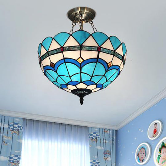 Scalloped Edge Baroque Style Glass Bowl Chandelier Light in Blue/Sky Blue, 12"/16"/19.5"/23.5" W, Brass Hanging Light