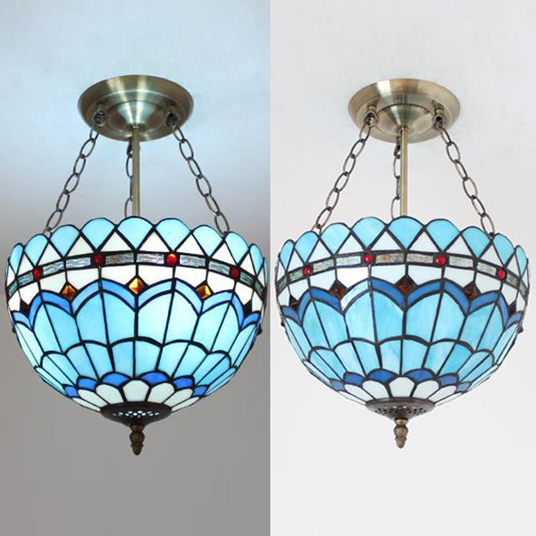 Scalloped Edge Baroque Style Glass Bowl Chandelier Light In Blue/Sky Blue 12/16/19.5/23.5 W Brass