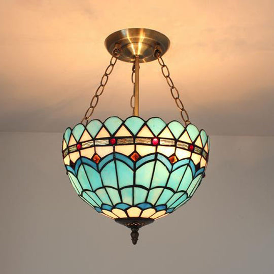 Scalloped Edge Baroque Style Glass Bowl Chandelier Light in Blue/Sky Blue, 12"/16"/19.5"/23.5" W, Brass Hanging Light