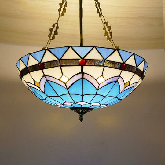 Scalloped Edge Baroque Style Glass Bowl Chandelier Light in Blue/Sky Blue, 12"/16"/19.5"/23.5" W, Brass Hanging Light