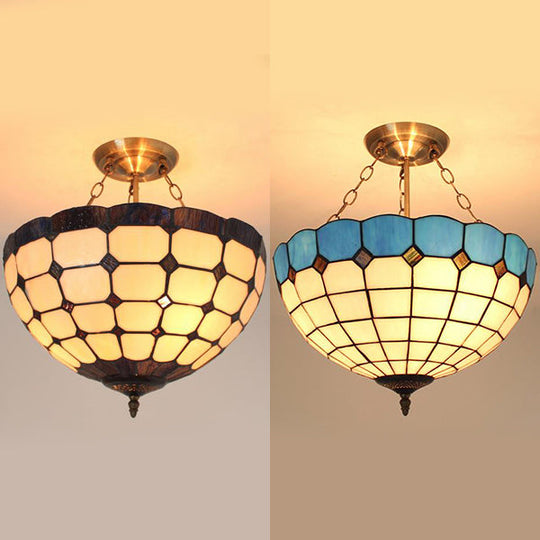 Blue/Brown Stained Glass Foyer Pendant Chandelier - Semi Globe Hanging Lamp