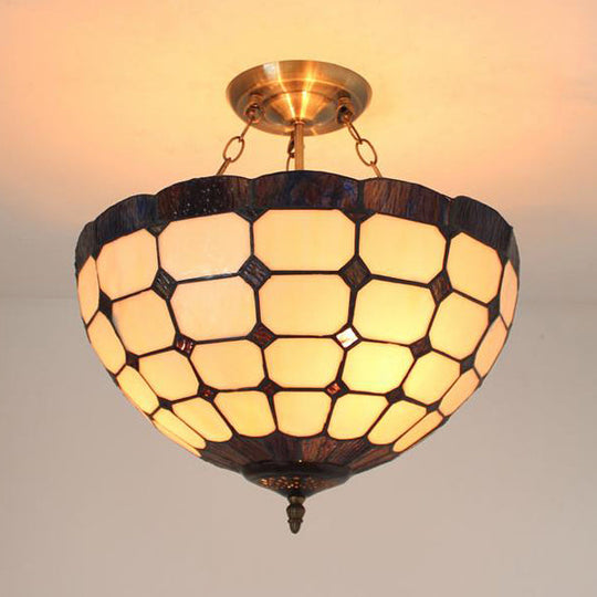 Blue/Brown Stained Glass Foyer Pendant Chandelier - Semi Globe Hanging Lamp Brown