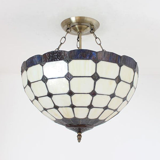 Stained Glass Semi Globe Chandelier with Hanging Rod in Blue/Brown for Foyer Pendant Light