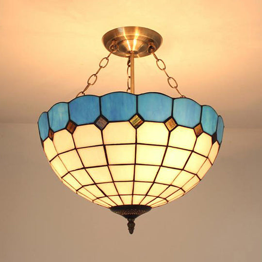 Stained Glass Semi Globe Chandelier with Hanging Rod in Blue/Brown for Foyer Pendant Light