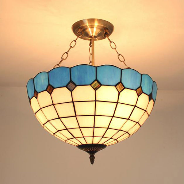 Blue/Brown Stained Glass Foyer Pendant Chandelier - Semi Globe Hanging Lamp Blue