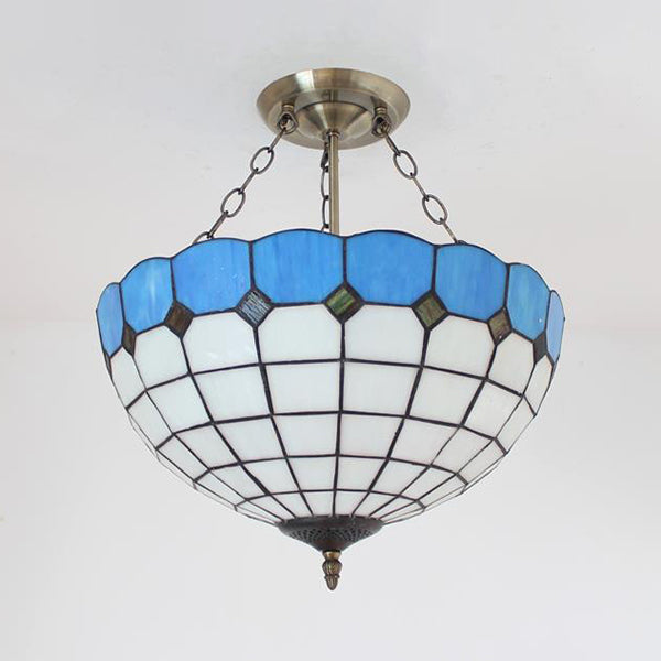 Stained Glass Semi Globe Chandelier with Hanging Rod in Blue/Brown for Foyer Pendant Light