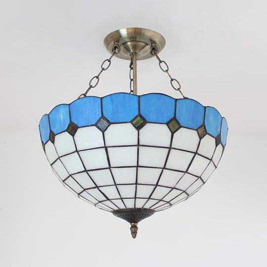 Stained Glass Semi Globe Chandelier with Hanging Rod in Blue/Brown for Foyer Pendant Light