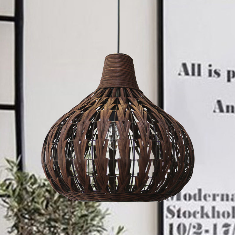 Teardrop Rattan Hanging Light - Asian-Inspired Coffee Brown 14/23.5 Wide Suspended Lighting Fixture