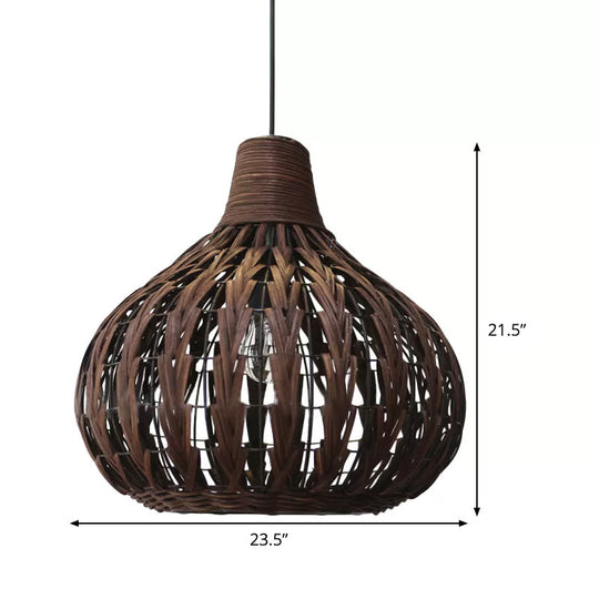 Teardrop Rattan Hanging Light - Asian-Inspired Coffee Brown 14/23.5 Wide Suspended Lighting Fixture