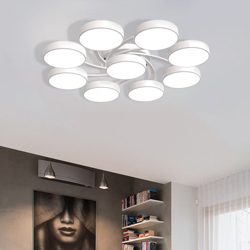 Nordic Style Ceiling Light with Black/White Drum Shade - 3/6/9 Heads - Acrylic Semi Flush Mount for Living Room