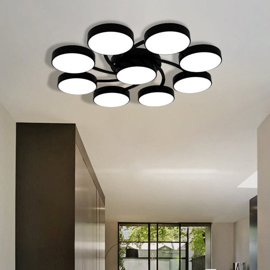 Nordic Style Ceiling Light with Black/White Drum Shade - 3/6/9 Heads - Acrylic Semi Flush Mount for Living Room