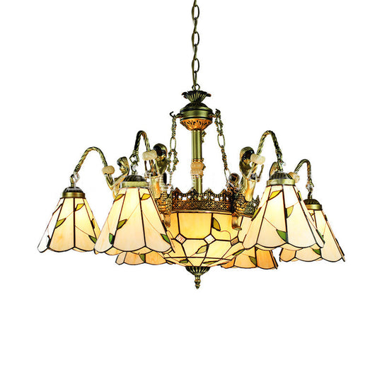 Beige Tiffany Cut Glass Pendant Chandelier - 9/11 Lights, Conical Hanging Light with Mermaid Deco