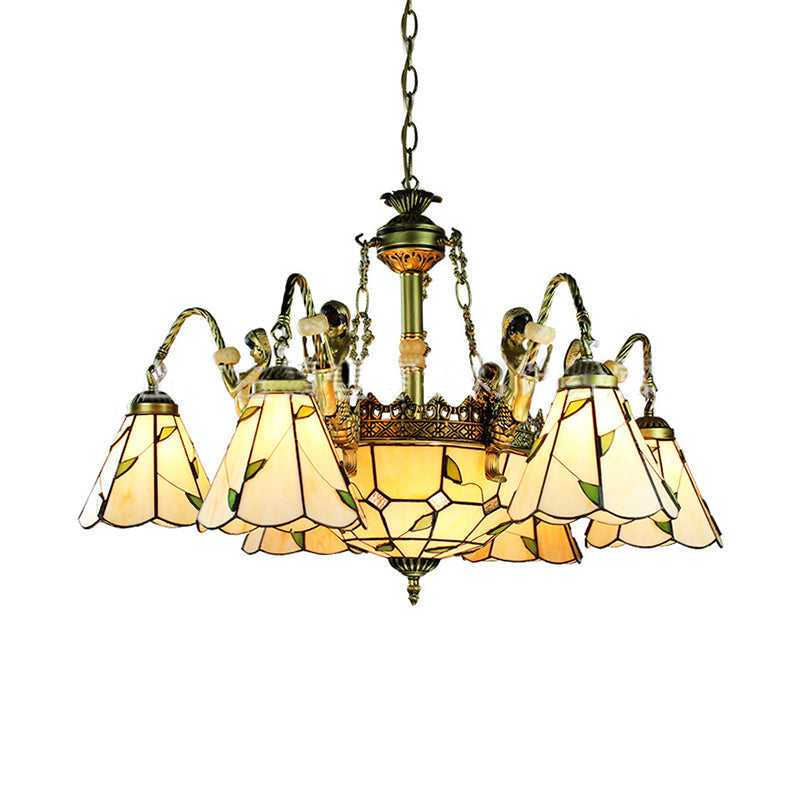 Tiffany Cut Glass Beige Pendant Chandelier: Conical Hanging Light With Mermaid Deco And 9/11 Lights