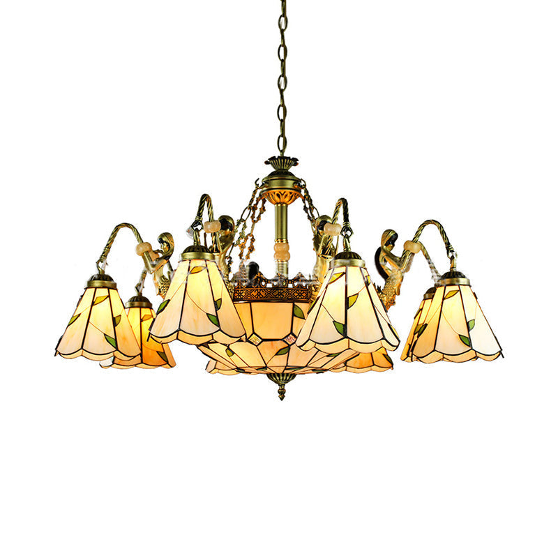 Beige Tiffany Cut Glass Pendant Chandelier - 9/11 Lights, Conical Hanging Light with Mermaid Deco