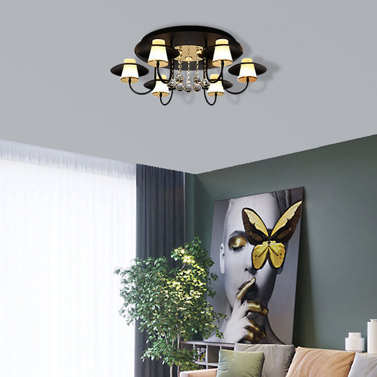 Luxurious Circular Semi Flushmount Ceiling Light with Crystal Ball - 8 Lights, Metallic Black/White for Dining Table