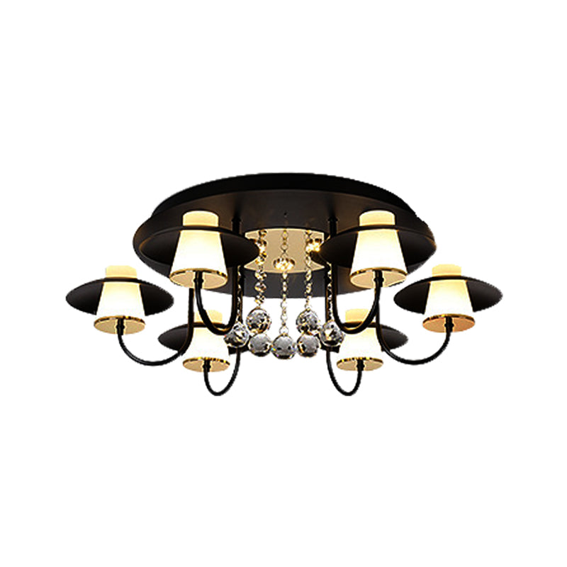 Luxurious Circular Semi Flushmount Ceiling Light with Crystal Ball - 8 Lights, Metallic Black/White for Dining Table