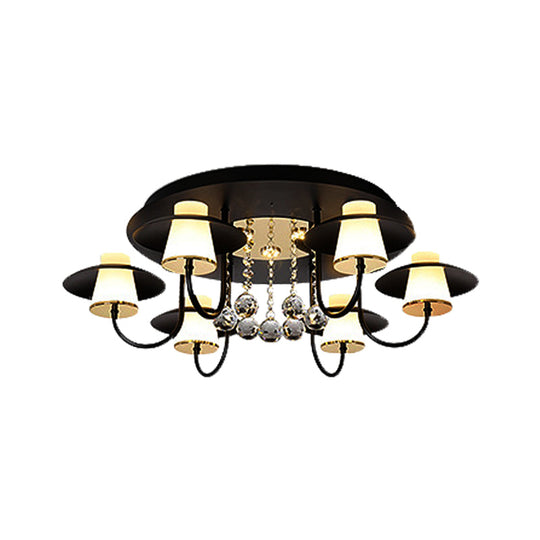 Luxurious Circular Semi Flushmount Ceiling Light with Crystal Ball - 8 Lights, Metallic Black/White for Dining Table