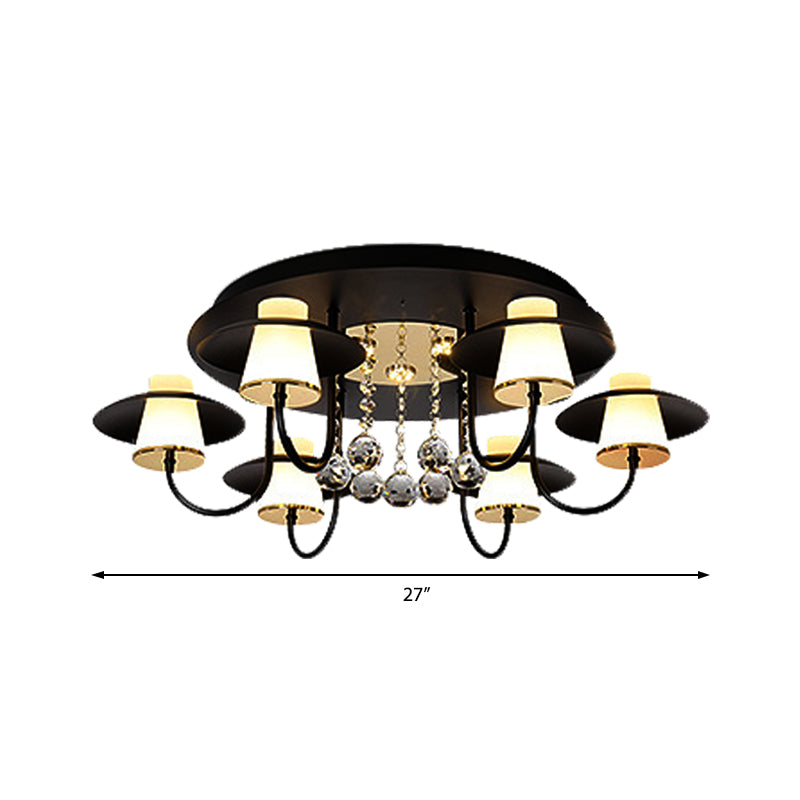 Luxurious Circular Semi Flushmount Ceiling Light with Crystal Ball - 8 Lights, Metallic Black/White for Dining Table