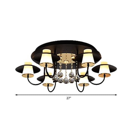 Luxurious Circular Semi Flushmount Ceiling Light with Crystal Ball - 8 Lights, Metallic Black/White for Dining Table