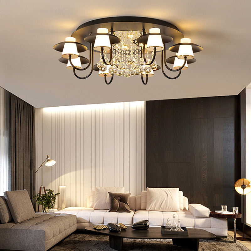 Luxurious Circular Semi Flushmount Ceiling Light with Crystal Ball - 8 Lights, Metallic Black/White for Dining Table