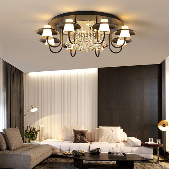 Luxurious Circular Semi Flushmount Ceiling Light with Crystal Ball - 8 Lights, Metallic Black/White for Dining Table