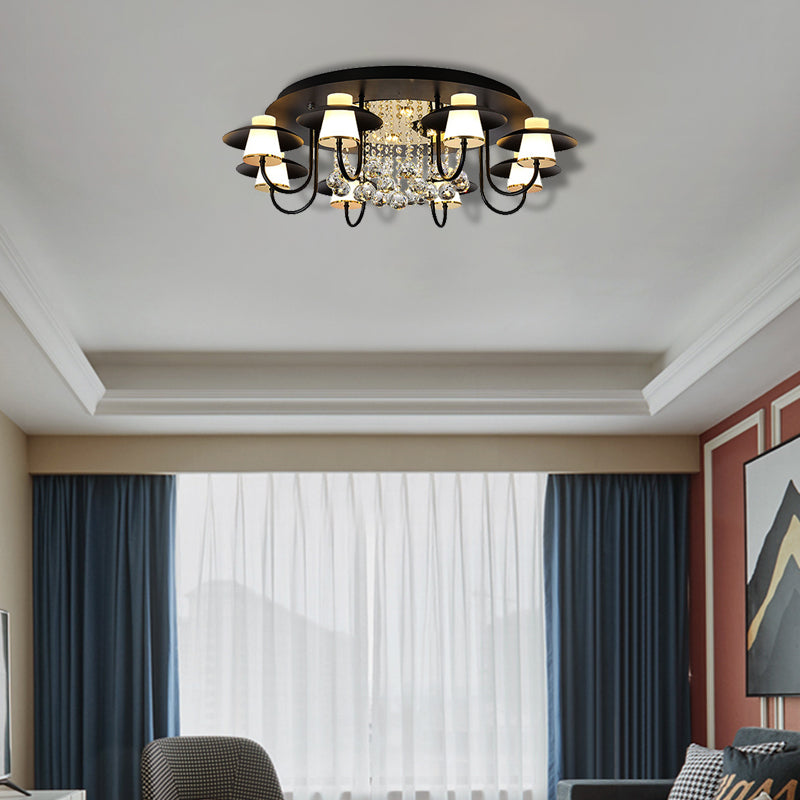 Luxurious Circular Semi Flushmount Ceiling Light with Crystal Ball - 8 Lights, Metallic Black/White for Dining Table