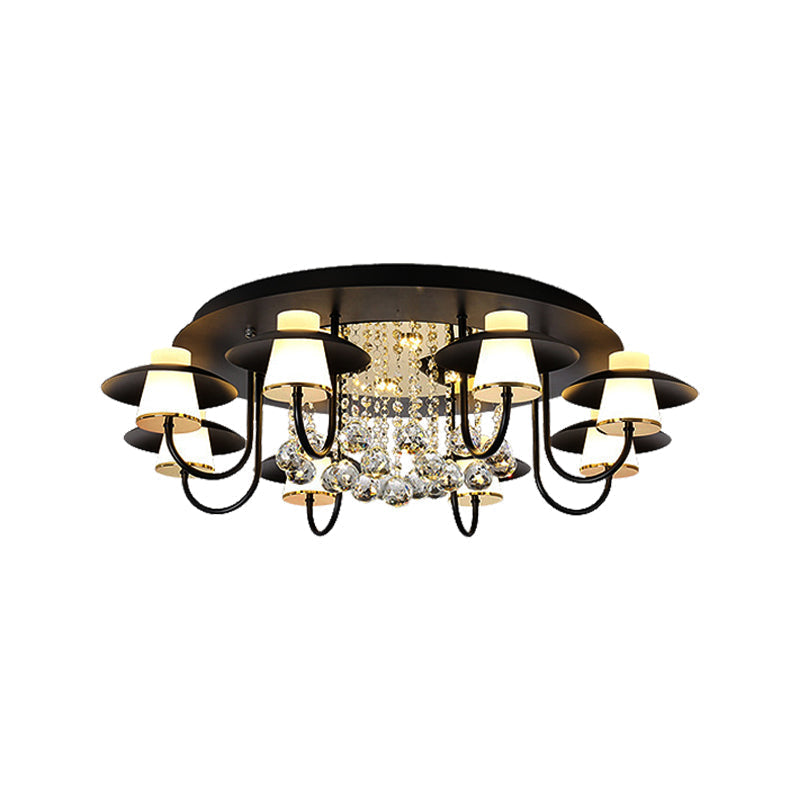 Luxurious Circular Semi Flushmount Ceiling Light with Crystal Ball - 8 Lights, Metallic Black/White for Dining Table