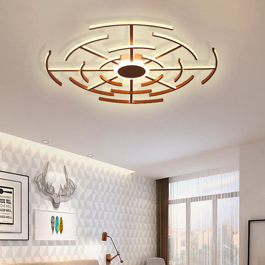 Contemporary Metal Round Flushmount Light with Maze Design - Brown