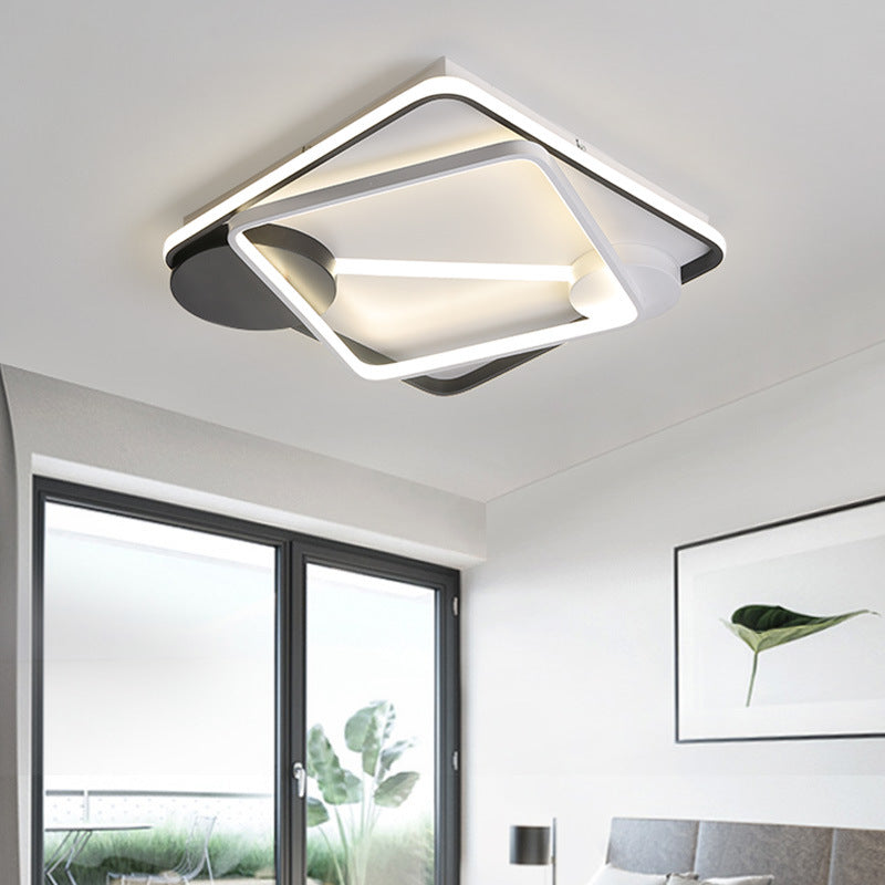 Modern Metal Led Flush Mount Ceiling Light - Double Square/Circle Design In Black & White / Warm