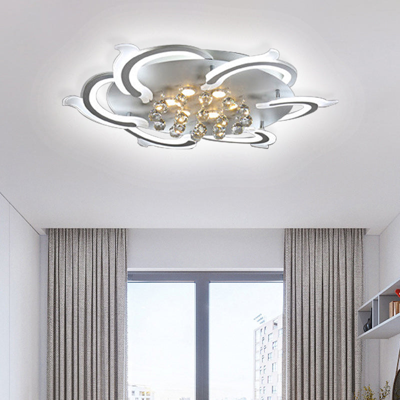 Modern Metallic LED Windmill Ceiling Lamp - White with Crystal Ball - 3/5/6 LED Flush Lighting