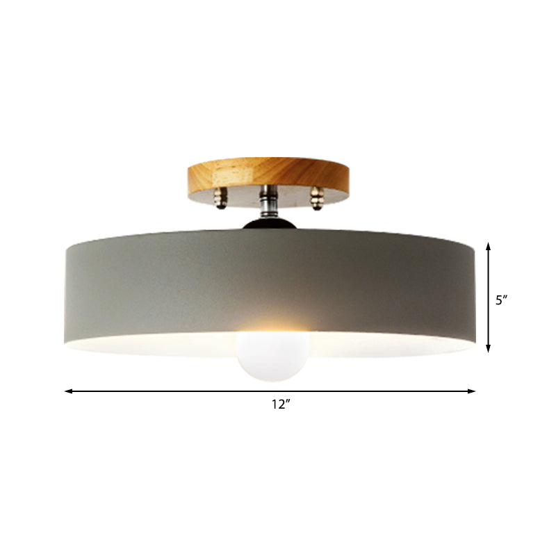 Modern Semi-Mount Drum Light: 1-Light 12" W Metal Fixture in Gray/White/Red/Pink for Living Room Ceiling